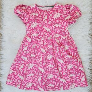Mini Boden Pink Dinosaur Puff Short Sleeve Dress Flare Little Girls Kids 6-7Y